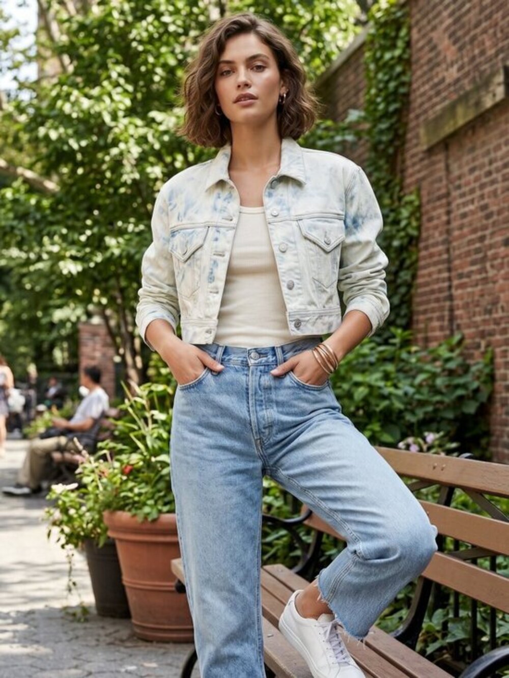 Re/done Cropped Denim Jacket in Washed Cream size medium
